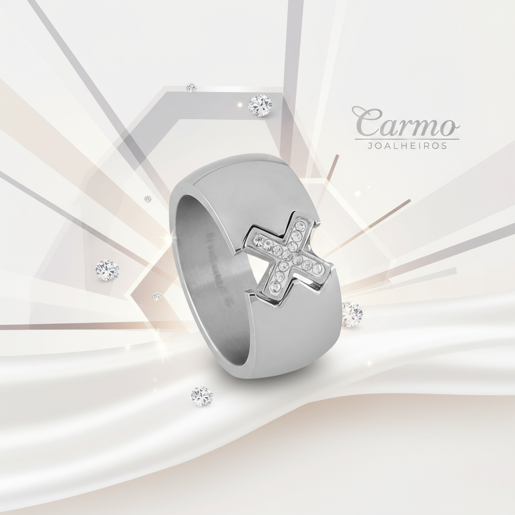 Banner Anel Largo em Aço com Zircônias - Cruz