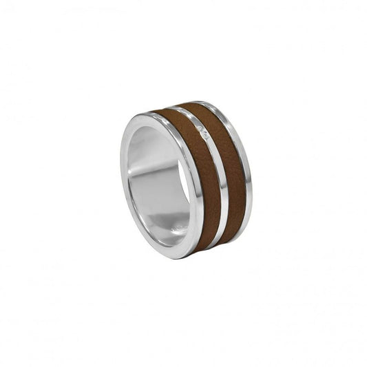 anel masculino prata Topázio 1874 com duas faixas de couro marrom bordas polidas e design largo