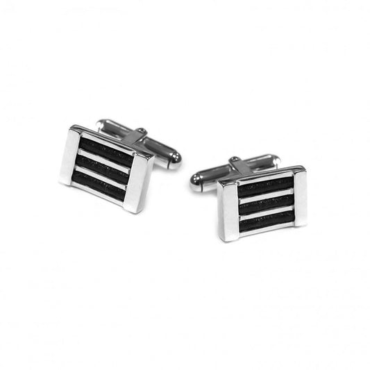 Topázio 1874 alfinete de gravata retangular em prata com listras pretas horizontais, botões de punho em prata para homem
