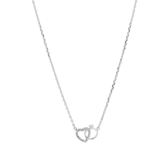 Carmo Joalheiros colar enlace feminino em prata com corrente fina pendente de coracao cravejado e aneis entrelacados