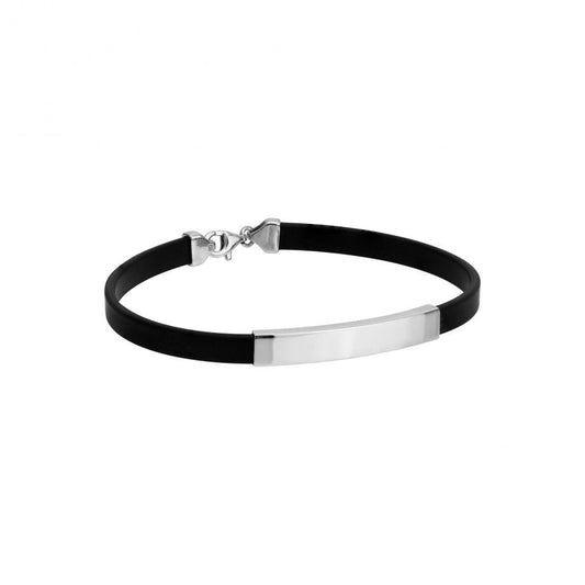 pulseira prata masculina Topázio 1874 com placa em prata polida e tira preta em couro para uso diário elegante
