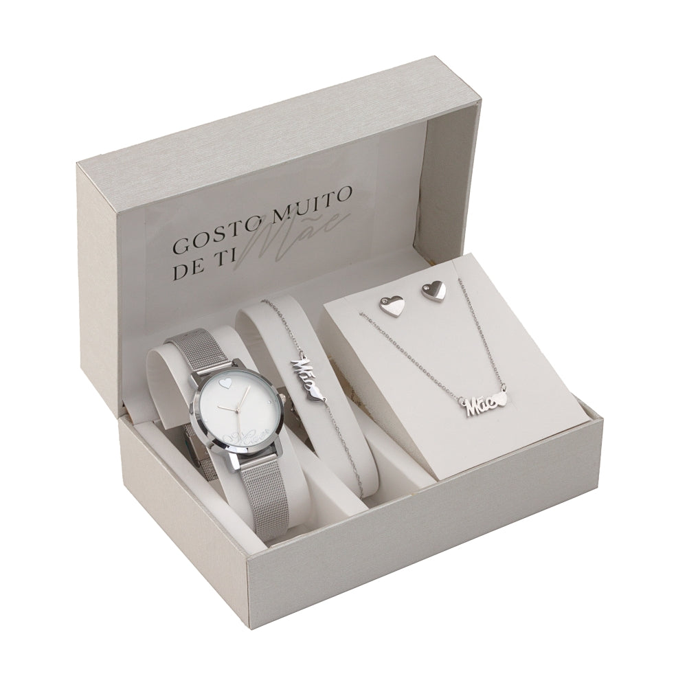 Conjunto 4 Peças Pérolas Gosto Muito de Ti - Mãe | Aço Inoxidável | Coleção Stellara