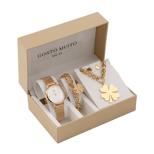 Conjunto 4 Peças Pérolas Gosto Muito de Ti - Trevo | Aço Inoxidável | Coleção Stellara