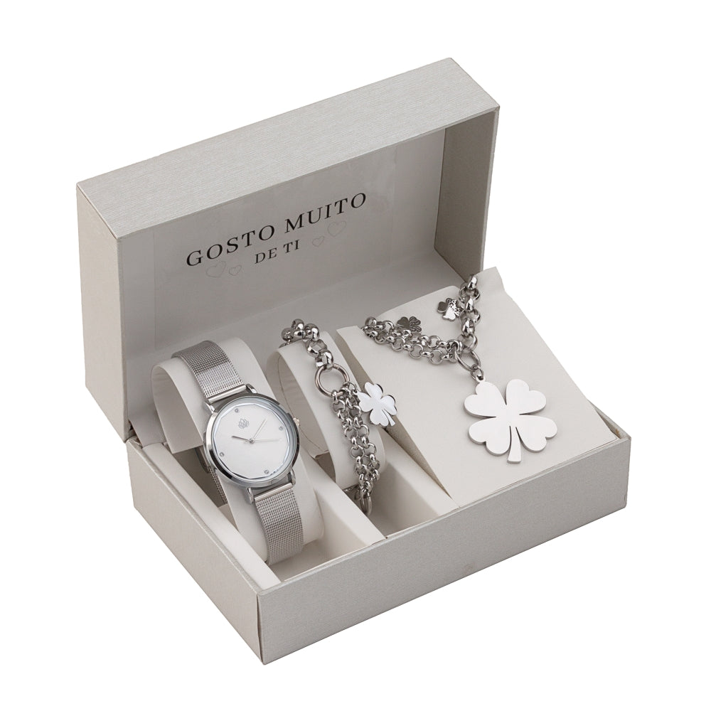 Conjunto 4 Peças Pérolas Gosto Muito de Ti - Trevo | Aço Inoxidável | Coleção Stellara