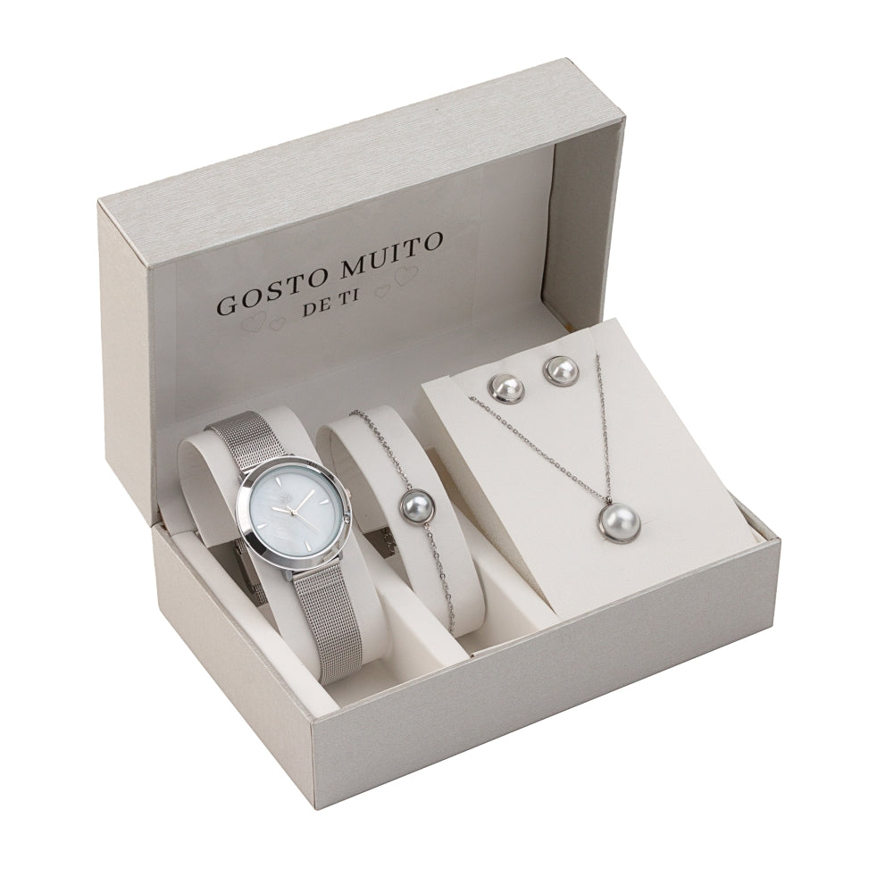 Conjunto 4 Peças Pérolas 4 Gosto Muito de Ti | Aço Inoxidável | Coleção Stellara