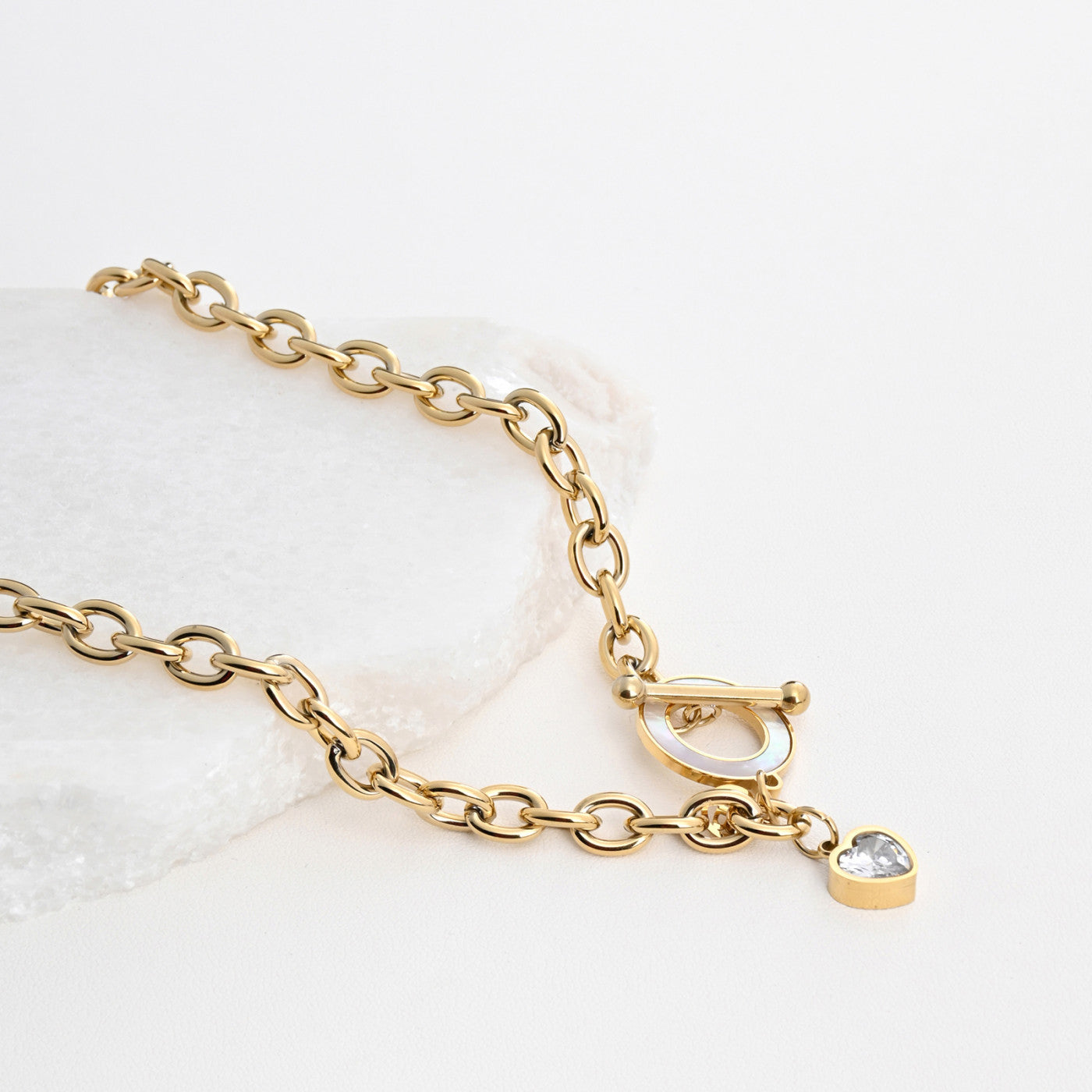 Colar Elos com Madrepérola e Coração | Aço Inoxidável | Coleção Stellara