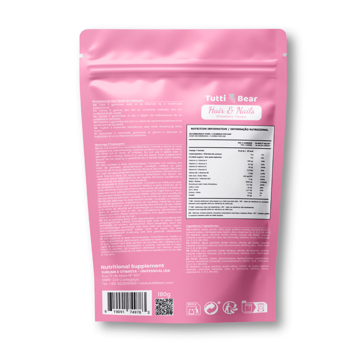 TUTTI BEAR Gomas Cabelo & Unhas – Morango | 60 Gummies