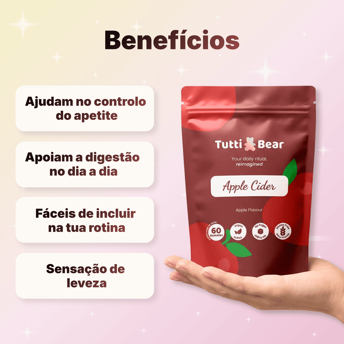 TUTTI BEAR Gomas de Vinagre de Maçã – Maçã | 60 Gummies