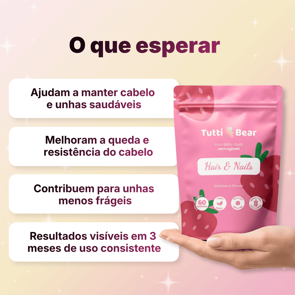 TUTTI BEAR Gomas Cabelo & Unhas – Morango | 60 Gummies