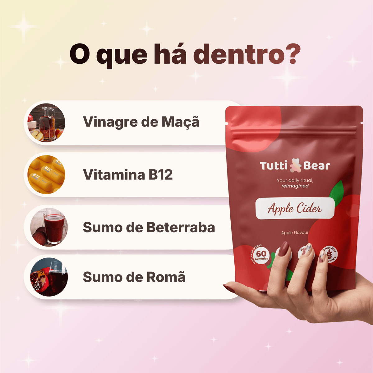 TUTTI BEAR Gomas de Vinagre de Maçã – Maçã | 60 Gummies