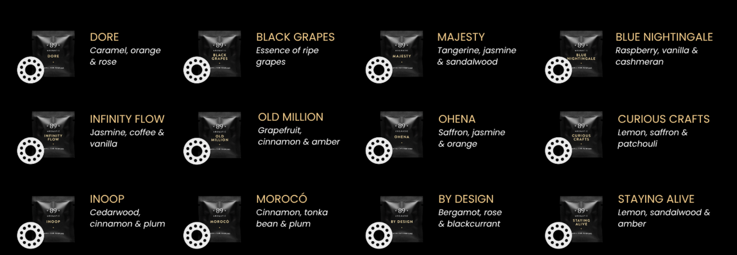 Conjunto Clipe Ar Carro AROMATIC•89• | 1 Clipe + 12 Aromas Fragrância Premium