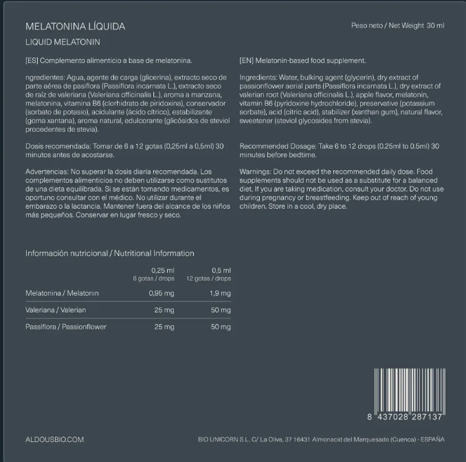 ALDOUS BIO - Melatonina Líquida com Valeriana e Passiflora - 30ml