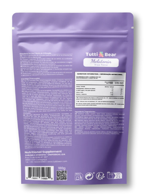 TUTTI BEAR Gomas Melatonina para Dormir Bem – Uva | 60 Gummies