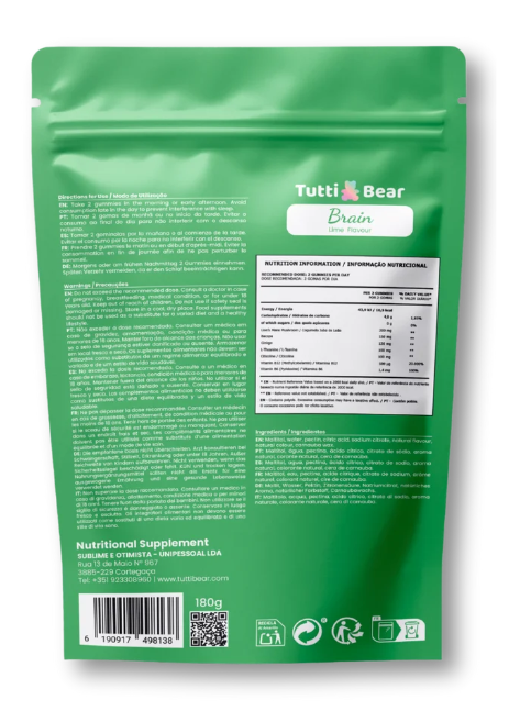 TUTTI BEAR Gomas Brain – Foco & Concentração – Lima | 60 Gummies