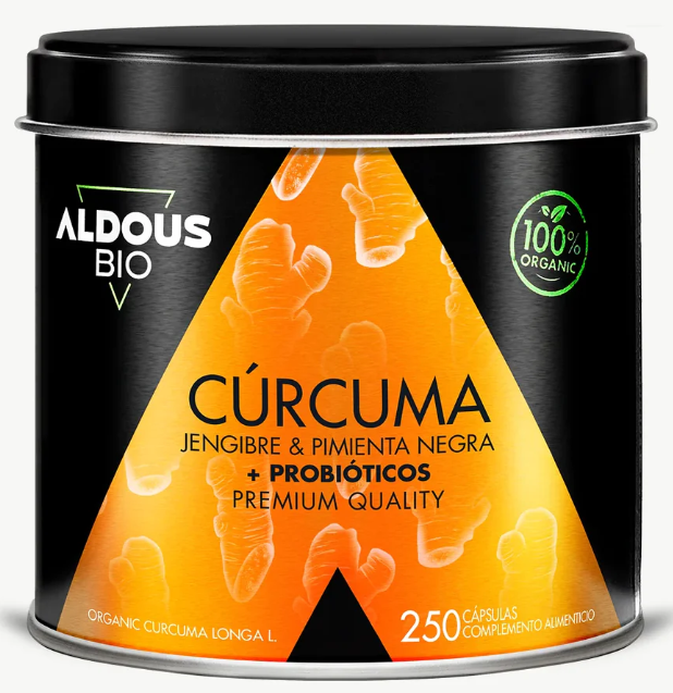 ALDOUS BIO - Cúrcuma Biológica com Gengibre, Pimenta Preta e Probióticos - 250 cápsulas