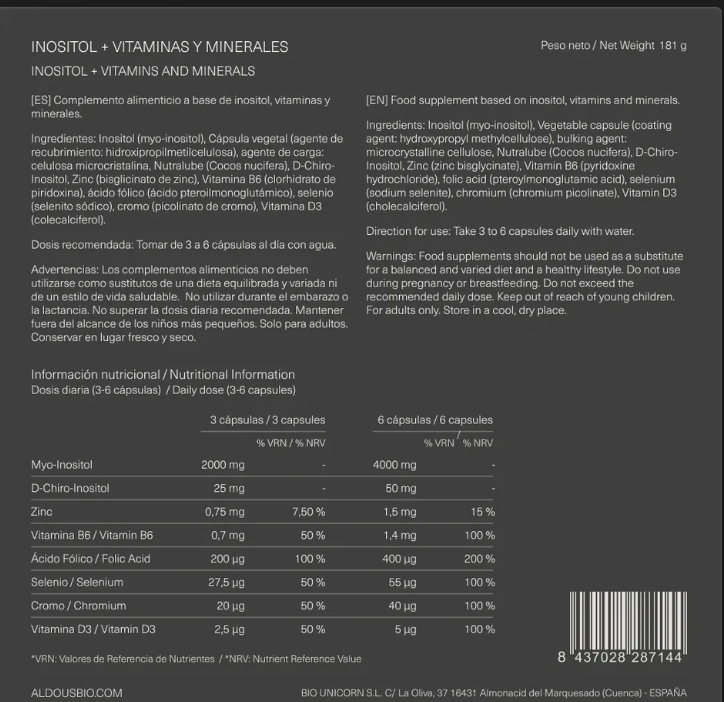 ALDOUS BIO - Inositol com Crómio, Selénio, Zinco e Vitaminas - 120 cápsulas
