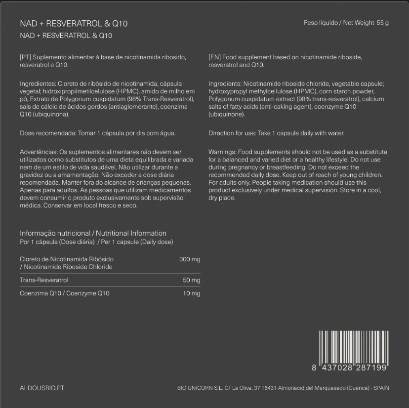 ALDOUS BIO - NAD+ Ribósido de Nicotinamida com Resveratrol e Coenzima Q10- 100 cápsulas