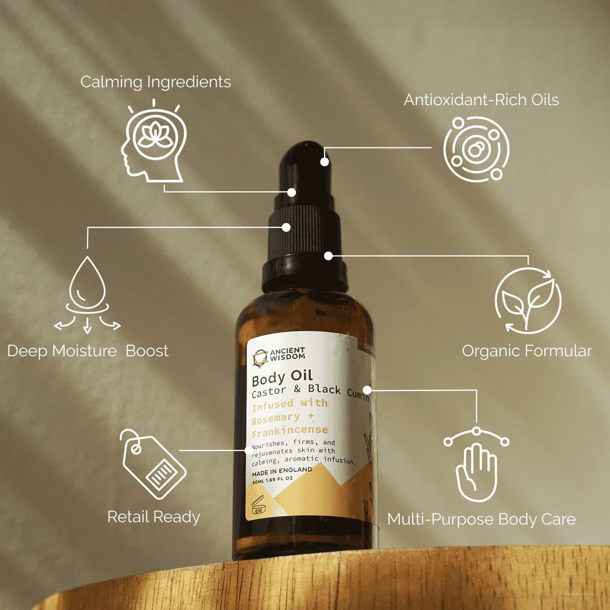 ANCIENT WISDOM - Óleo Corporal Orgânico de Alecrim e Olíbano 50 ml