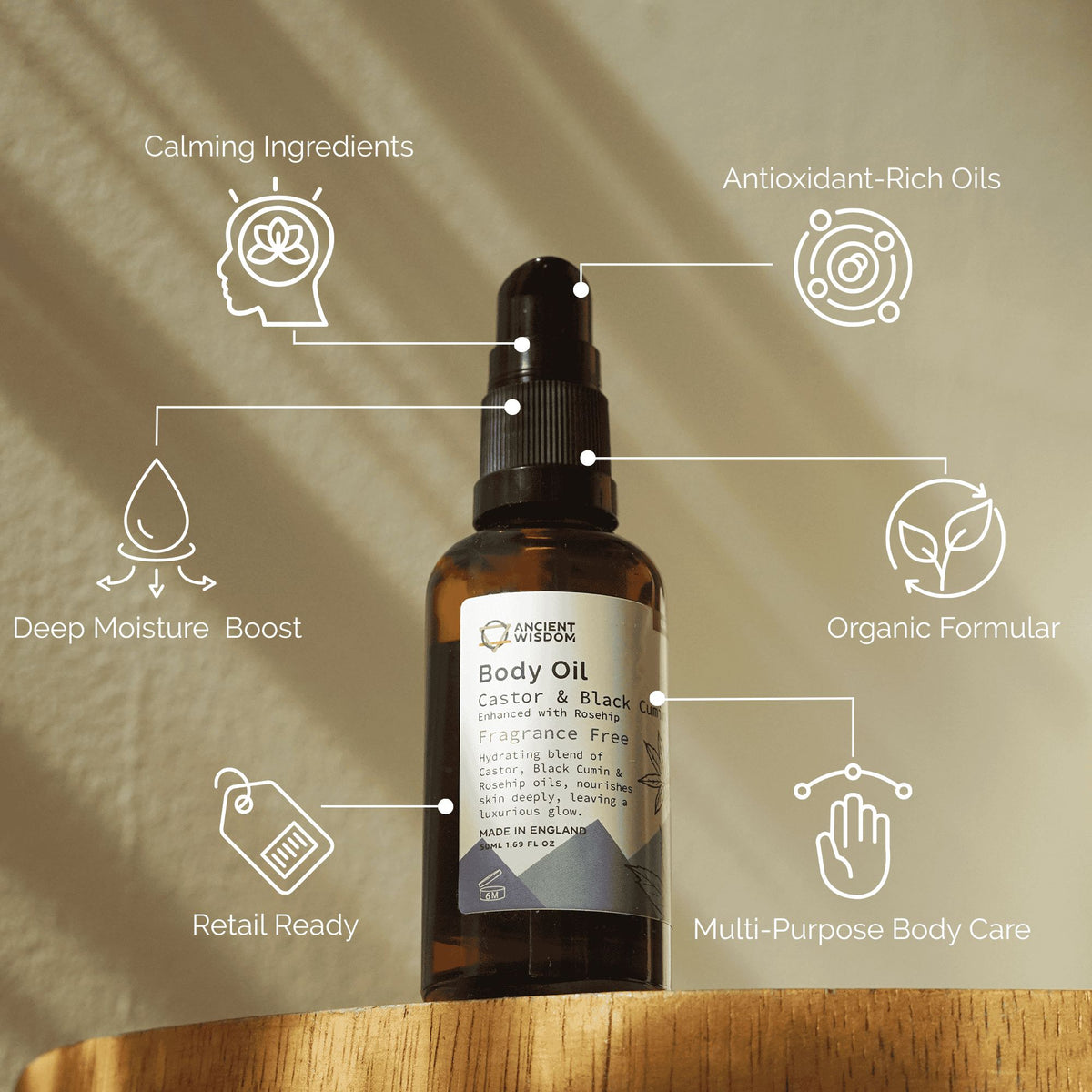 ANCIENT WISDOM - Óleo Corporal Biológico de Rosa-Mosqueta sem Fragrância 50 ml