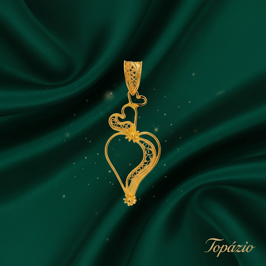 Banner Pendente Filigrana Dourado Coração Topázio - Verde