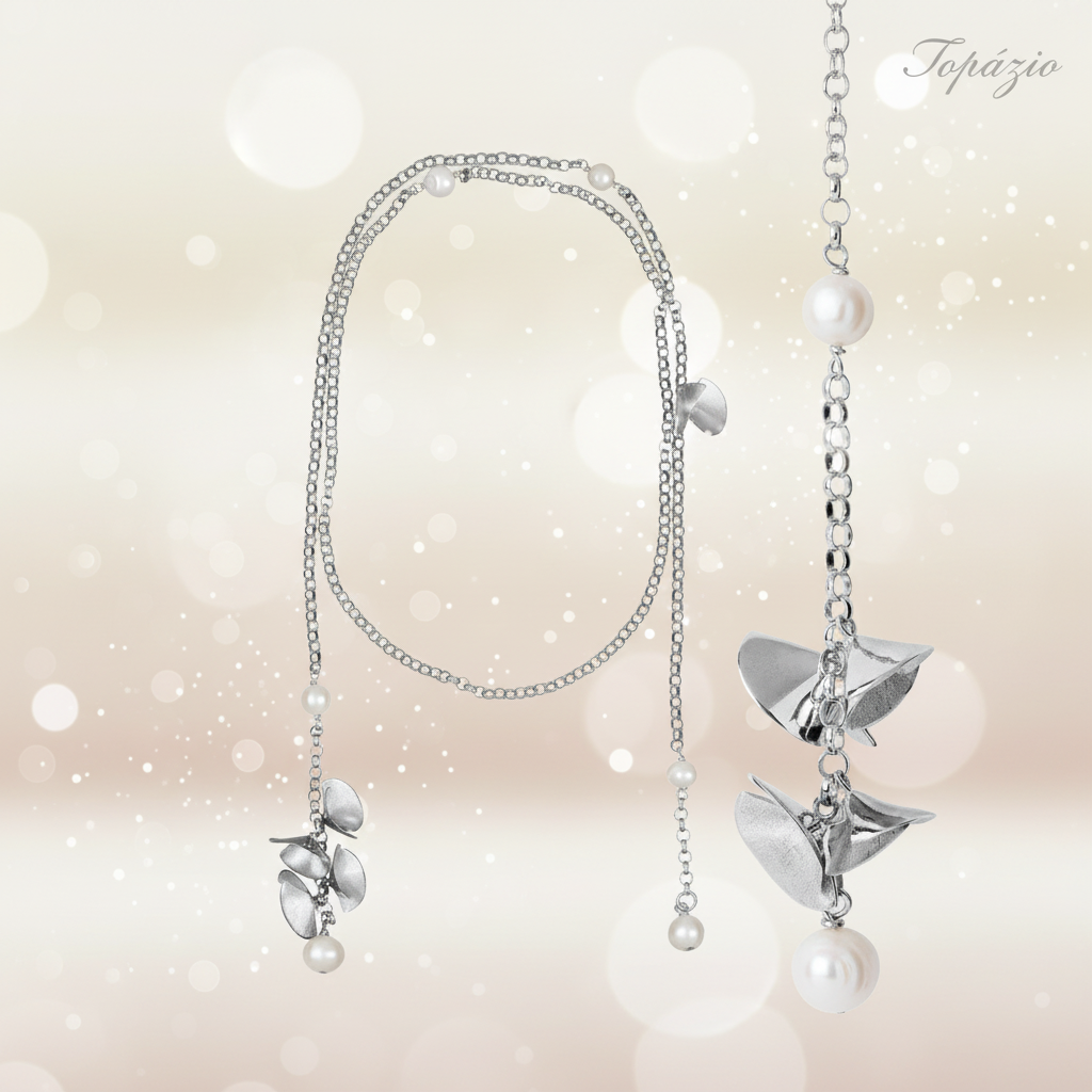 Banner Topázio - Colar Feminino Prata com Pérolas e Folhas