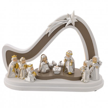 Cabana Presépio Bicolor com LED e 10 Figuras Provençais | Prata Bilaminada 925 | Natal Luxo