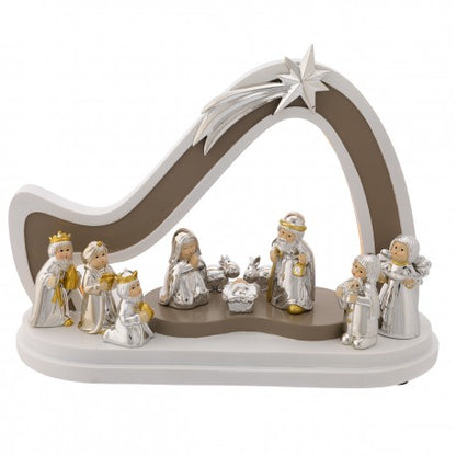 Cabana Presépio Bicolor com LED e 10 Figuras Provençais | Prata Bilaminada 925 | Natal Luxo