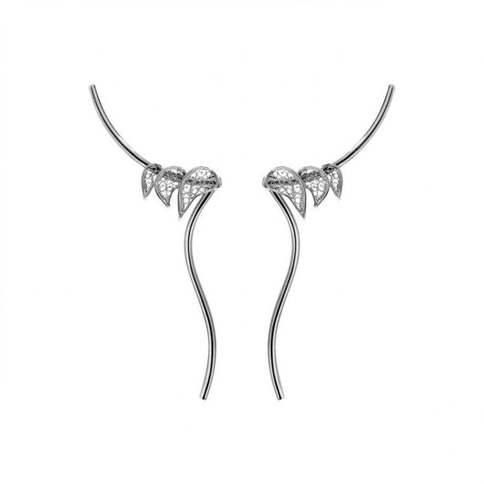 brincos filigrana portuguesa em prata com motivos de folhas e pequenos brilhantes design alongado Carmo Joalheiros