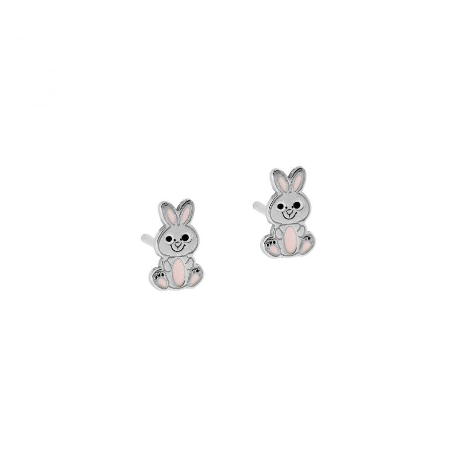 Brincos infantis de coelhinho em prata com esmalte rosa par de brincos Carmo Joalheiros