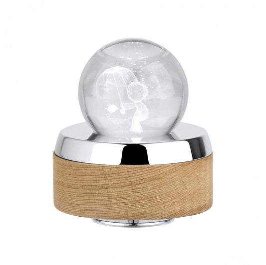 caixa de música O Principezinho em esfera de vidro gravada e base em madeira e metal Carmo Joalheiros