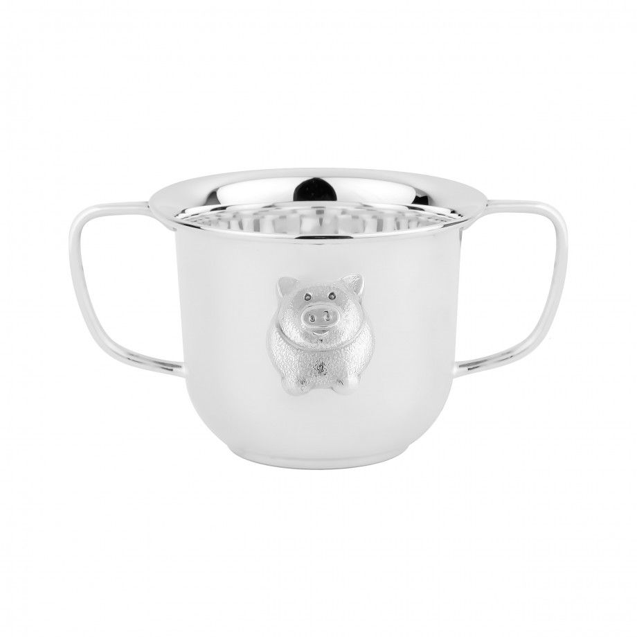 caneca porquinho prata Topázio 1874 com dois cabos acabamento prateado polido e aplique de porquinho para presente