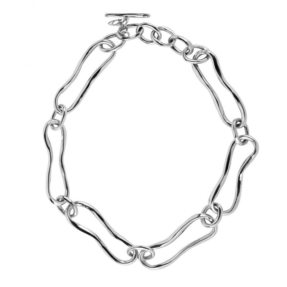 colar broadway feminino em prata com elos alongados e irregulares e fecho toggle Carmo Joalheiros