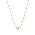 colar enlace feminino em ouro amarelo com corrente fina e pendente dois elos entrelaçados com zircónias