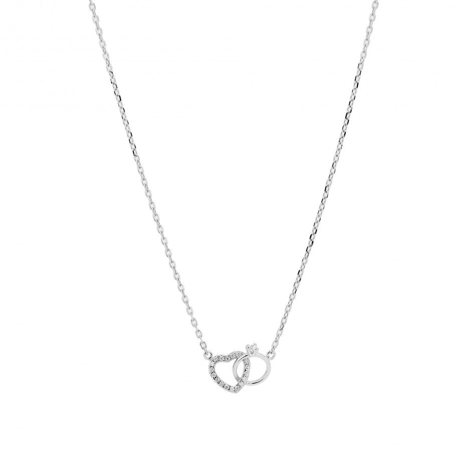 Carmo Joalheiros colar enlace feminino em prata com corrente fina pendente de coracao cravejado e aneis entrelacados