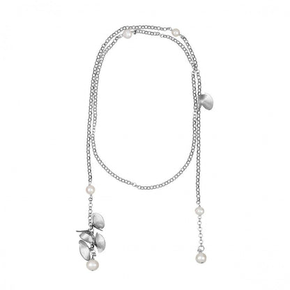 colar feminino prata Carmo Joalheiros lariat de duas correntes com pérolas e pingentes em forma de folha