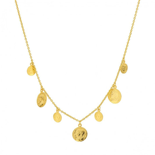 colar moneda feminino Carmo Joalheiros em ouro com várias moedas pendentes e corrente fina para uso diário