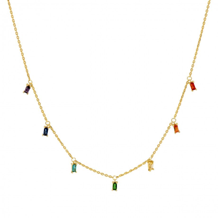 Carmo Joalheiros colar pedras coloridas em corrente dourada com sete pendentes de zircónias retangulares multicoloridas