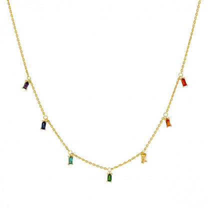 Carmo Joalheiros colar pedras coloridas em corrente dourada com sete pendentes de zircónias retangulares multicoloridas