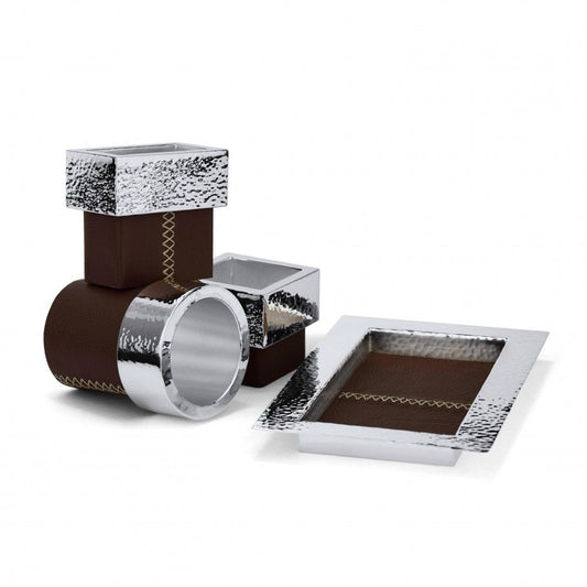 conjunto escritório luxo Topázio 1874 em couro marrom com detalhes prateados martelados porta canetas bandeja e organizadores