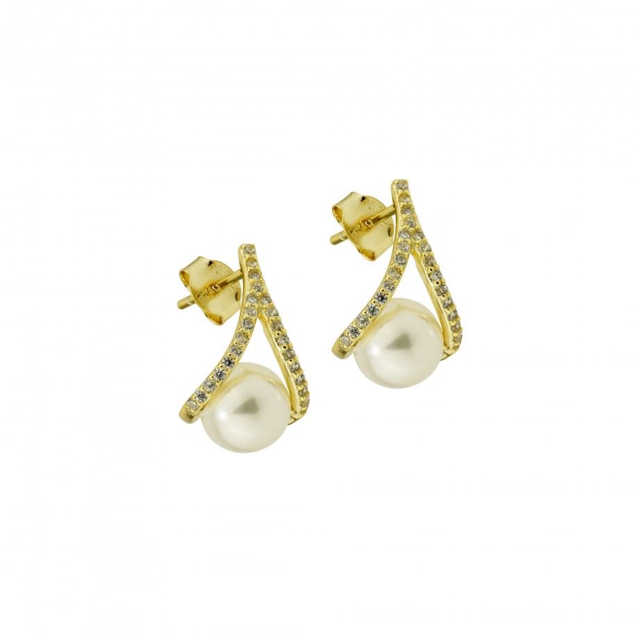 brincos dourados femininos Carmo Joalheiros com pérola e fileira de zircónias em design de pino elegante