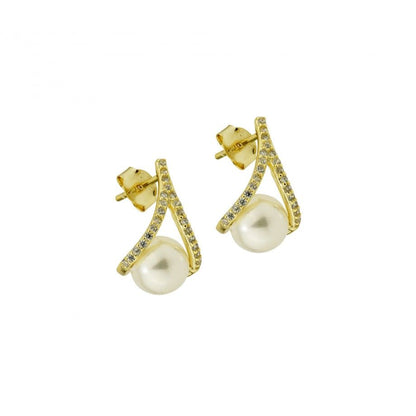 brincos dourados femininos Carmo Joalheiros com pérola e fileira de zircónias em design de pino elegante