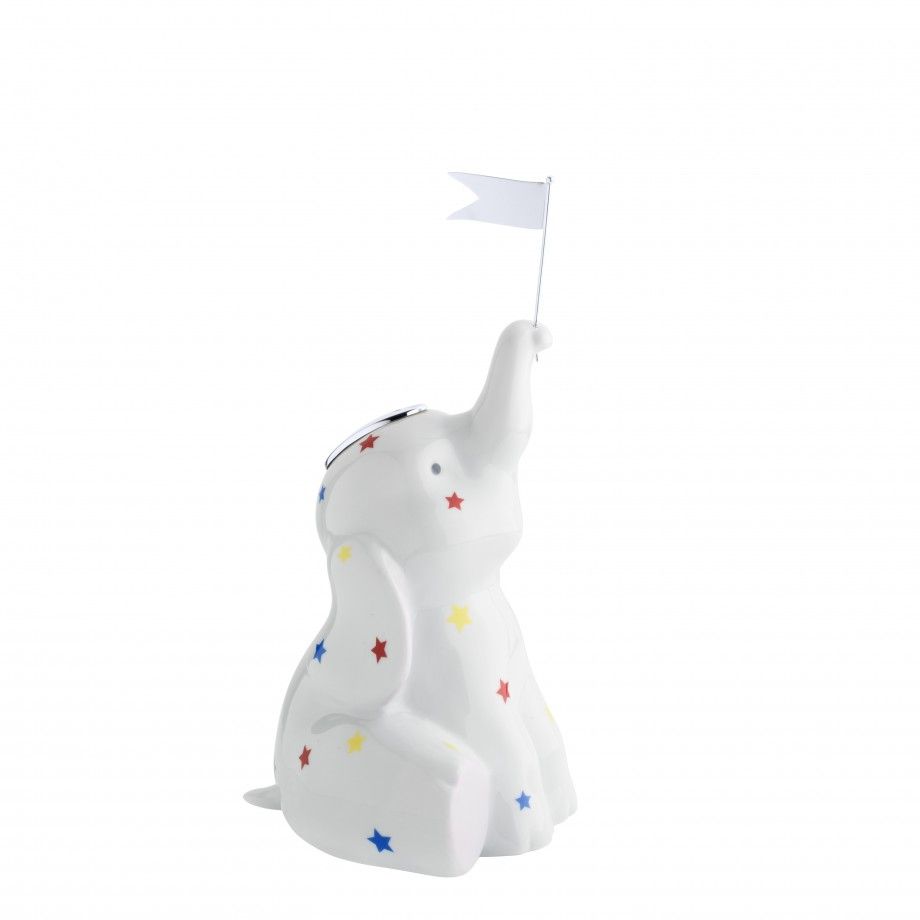 mealheiro circo elefante em ceramica branca com estrelas coloridas e bandeira Carmo Joalheiros