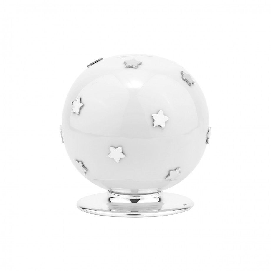 Mealheiro esférico branco com estrelas prateadas e base polida da Topázio 1874 mealheiro o principezinho topázio