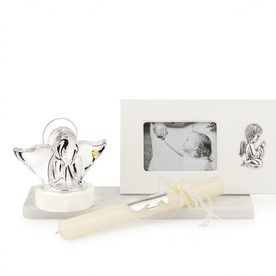 Conjunto Topázio 1874 vela de batismo anjo gabriel com anjo prateado e porta retrato branco