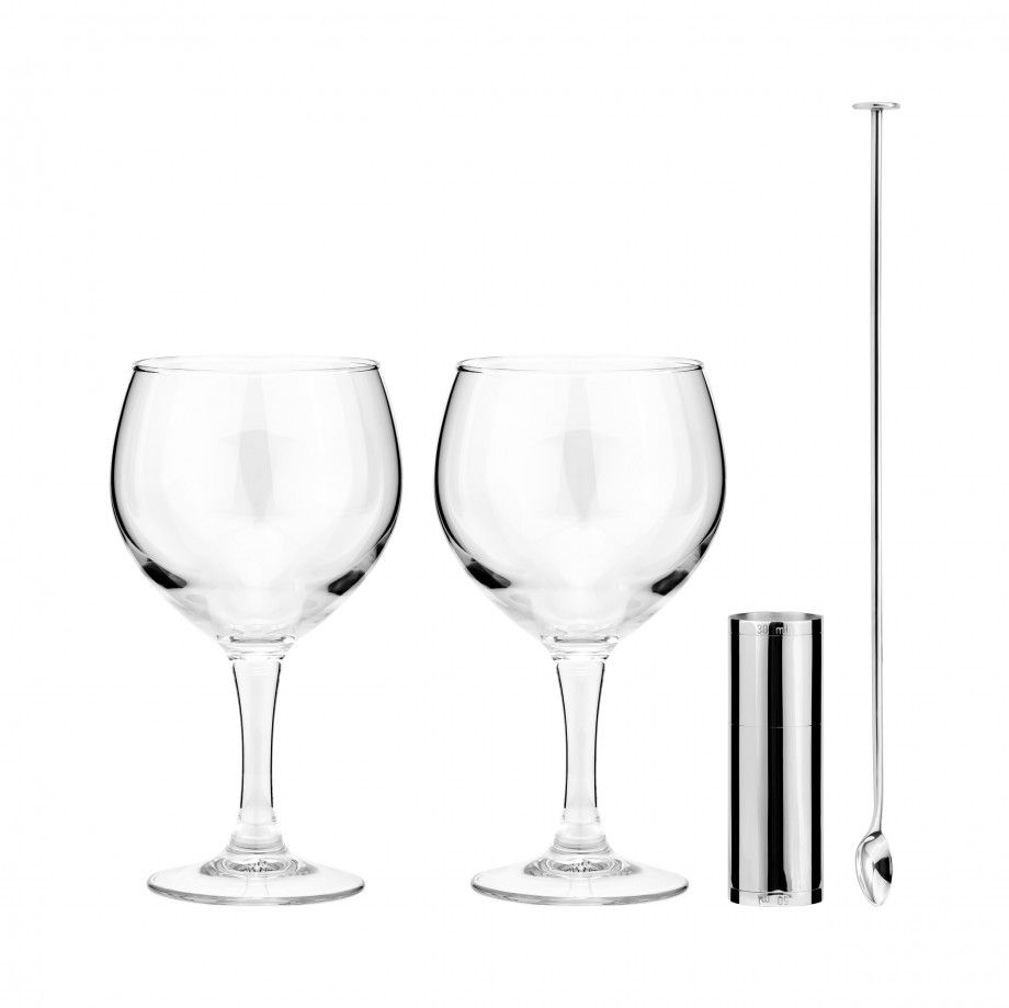 conjunto de gin premium Carmo Joalheiros com duas copas de gin, colher longa e doseador em aço