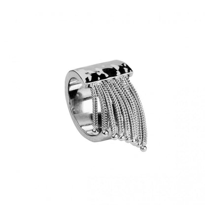 Topazio 1874 anel prata feminino de aro largo com placa polida e franja de correntes e bolas