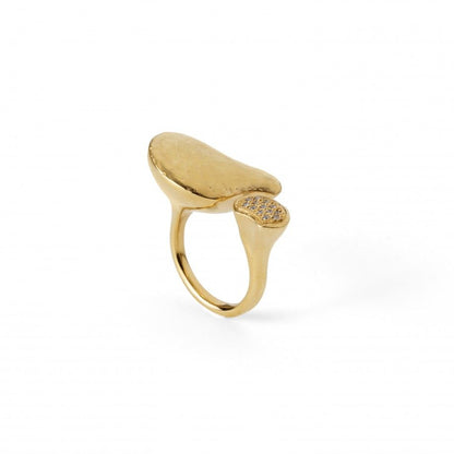 Topázio 1874 anel prosperidade feminino em ouro amarelo com design assimetrico e detalhe de zircônias