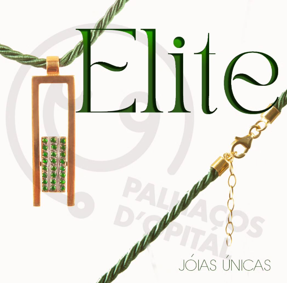 colar dos sorrisos exclusivo ELITE com pingente retangular dourado com fileira de pedras verdes e cordao torcido