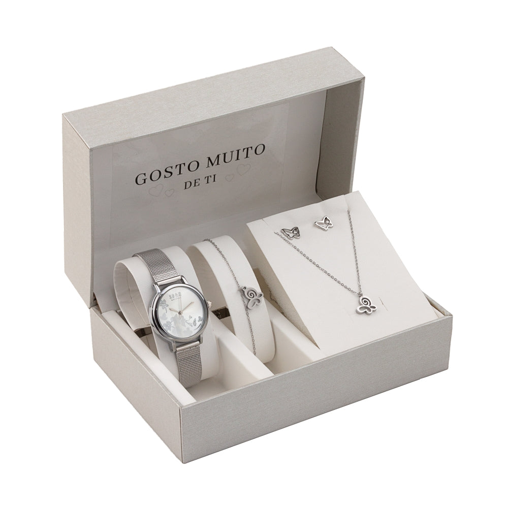 Conjunto 4 Peças Borboleta Gosto Muito de Ti | Aço Inoxidável | Coleção Stellara