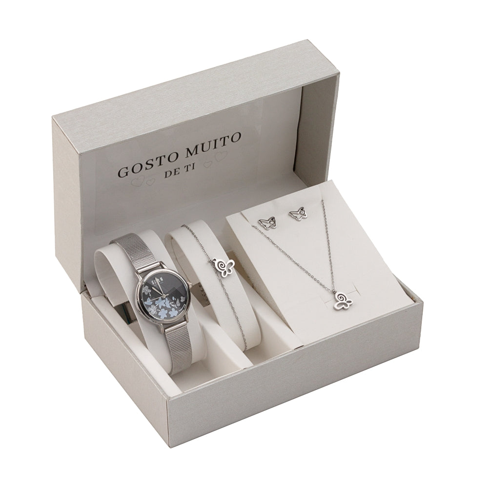 Conjunto 4 Peças Borboleta Gosto Muito de Ti | Aço Inoxidável | Coleção Stellara